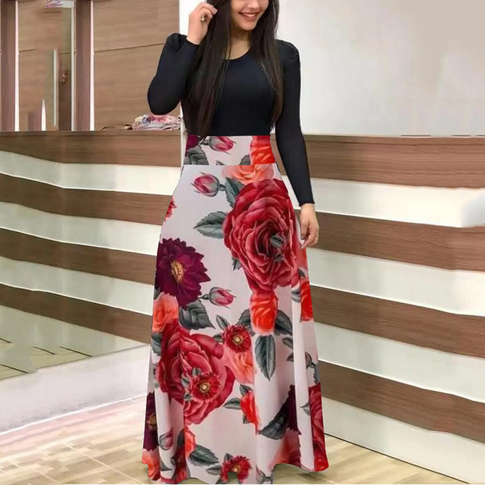 Womens Long Sleeve Floral Print Loose Wedding Holiday Party Splice Maxi Dresses Ropa De Mujer Vestidos Para Mujer платье женское