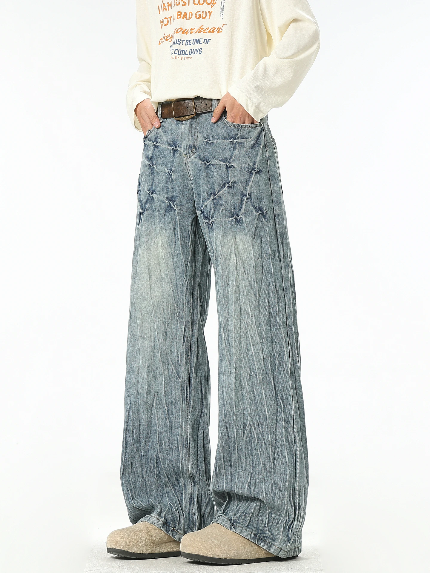 

Street Sle Men's Loose Fit Straight Leg Jeans Youthful Trendy Wear Resistant Casual Waed out Classic Durable Long Trousers