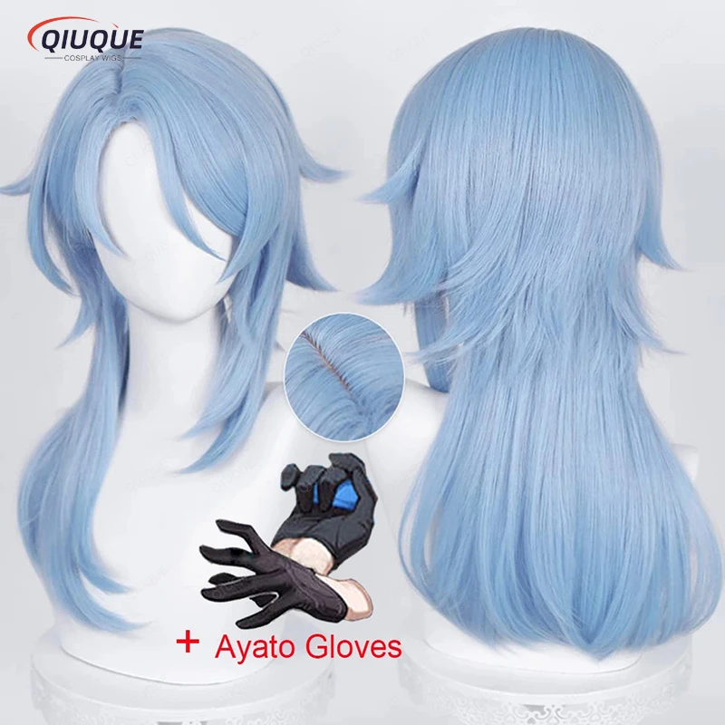 

Game Impact Cosplay Kamisato Ayato Cosplay Wig Light Blue Heat Resistant Synthetic Hair Anime Wigs + Wig Cap + Gloves