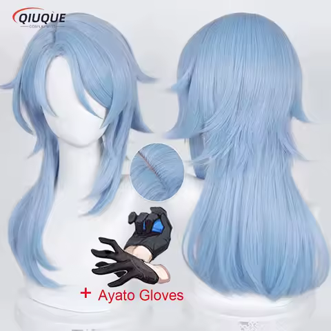 Game Impact Cosplay Kamisato Ayato Cosplay Wig Light Blue Heat Resistant Synthetic Hair Anime Wigs + Wig Cap + Gloves
