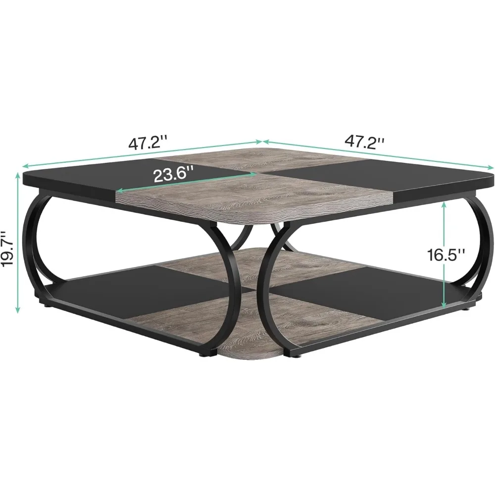 Square Coffee Table with 2 Tiers, 40 inches Low Farmhouse Coffee Table with Wood Storage Shelf Heavy Duty Metal Curve