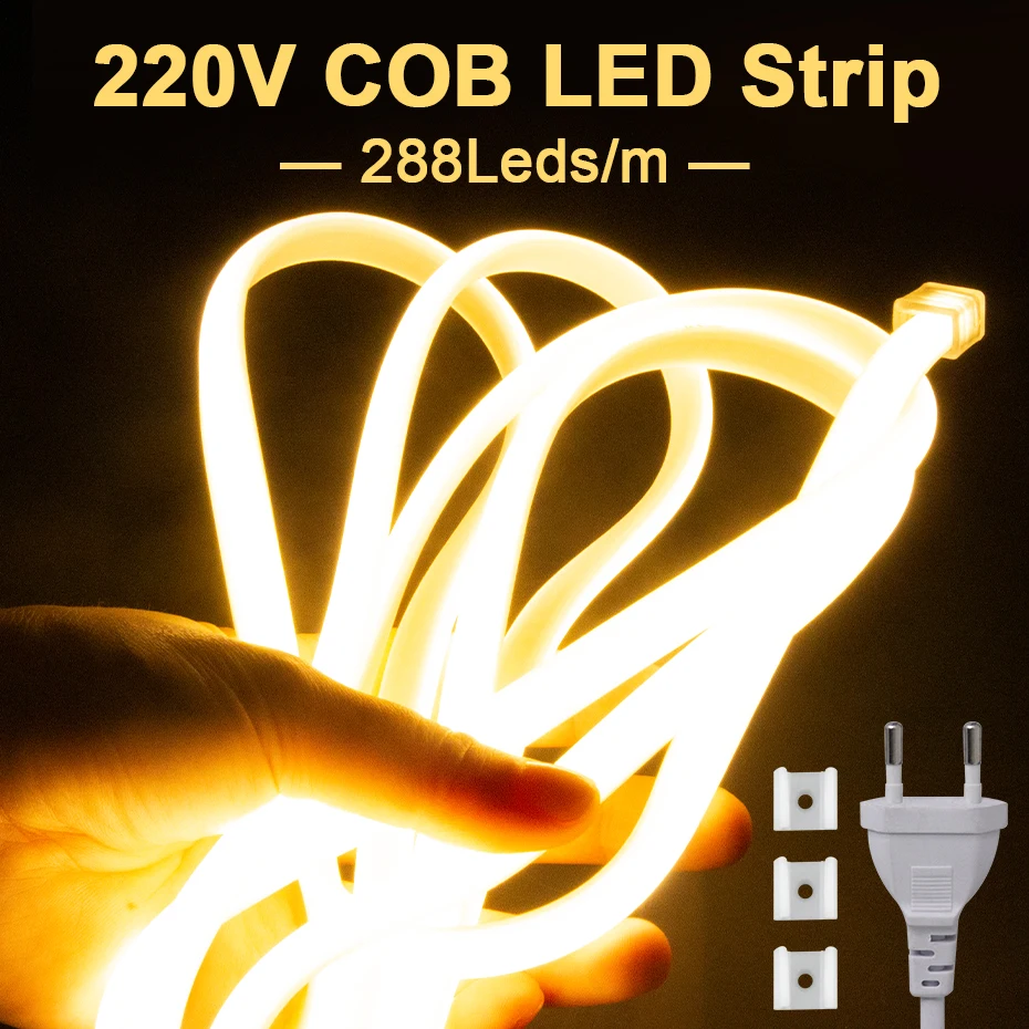 

Светодиодная лента COB 220 В, вилка европейского стандарта, IP65, водонепроницаемая, 288 светодиодов/м, 5 м, 10 м, 20 м, 50 м, светодиодное ленточное освещение COB для дома, теплый/нейтральный/холодный белый