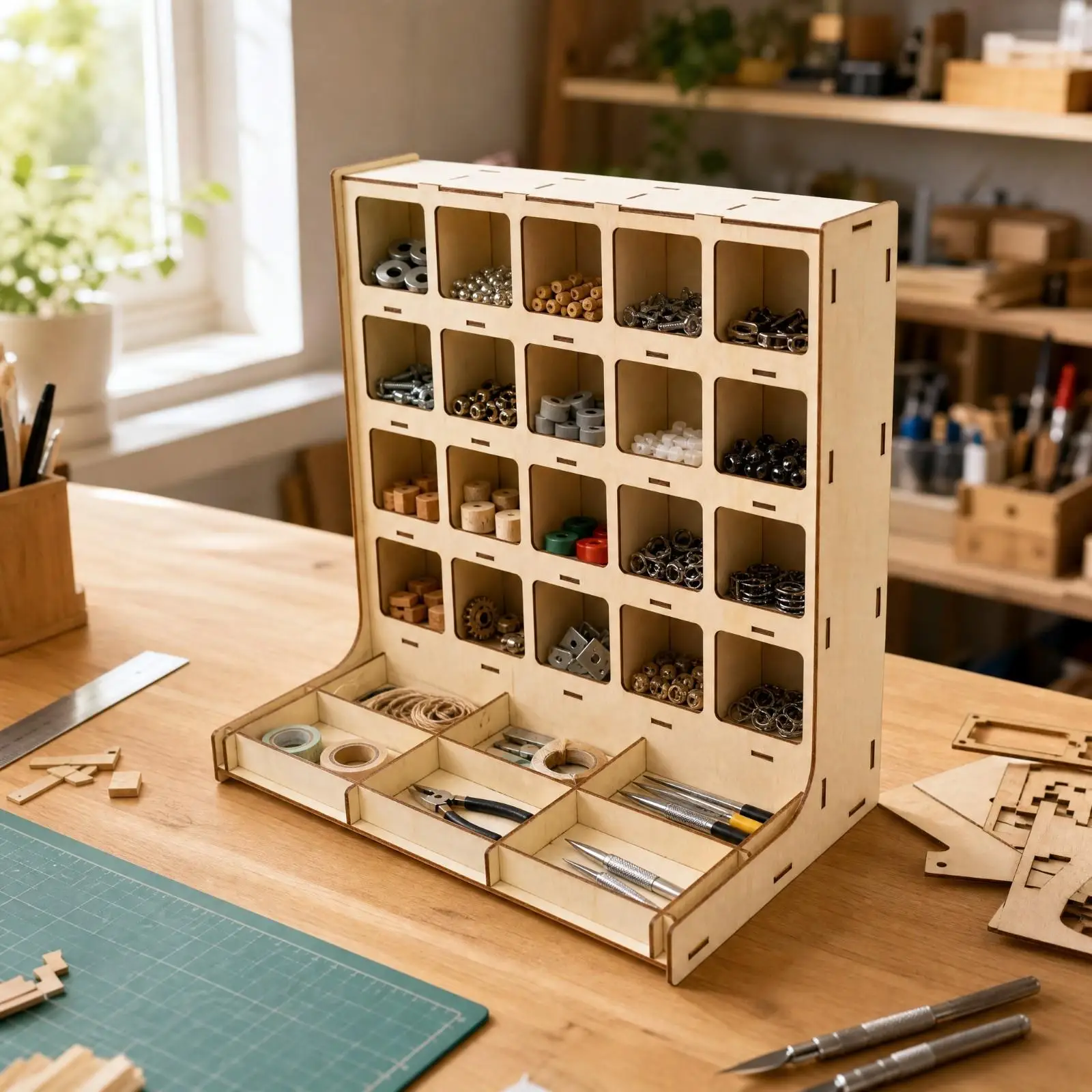 Vertical Wooden Organizer Open-Front Freestanding Wood Organizer with Divided Tray Multi-Compartment Space-Saving for Crafters