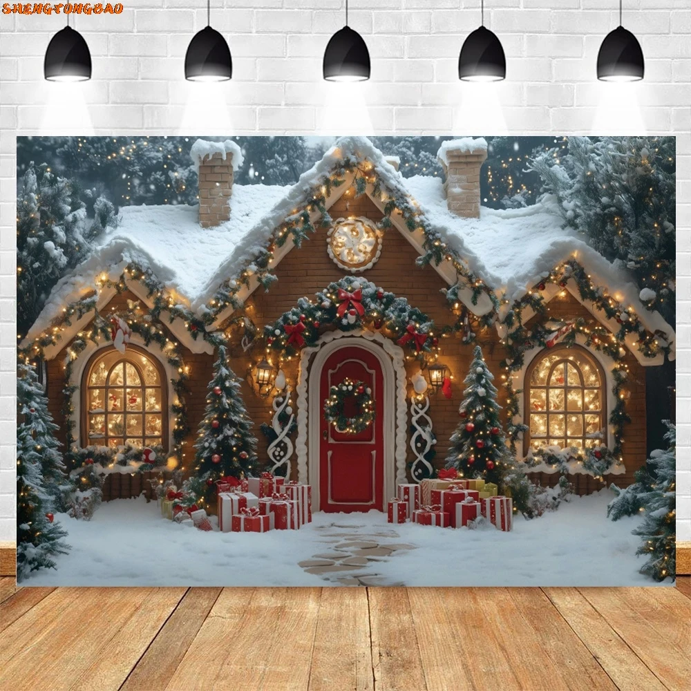 Snowy Gingerbread House การถ่ายภาพพื้นหลังฤดูหนาว Xmas Tree หิมะสีขาว Holiday Decor ฉากหลังเด็ก Portrait Photobooth Props