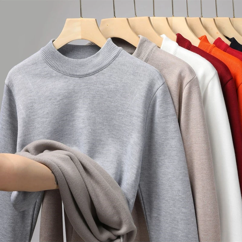 Winter New Men\'s Knitted Sweater with A Half High Collar Solid Color Plush and Warm Knitted Lining Top Casual and Versatile Top