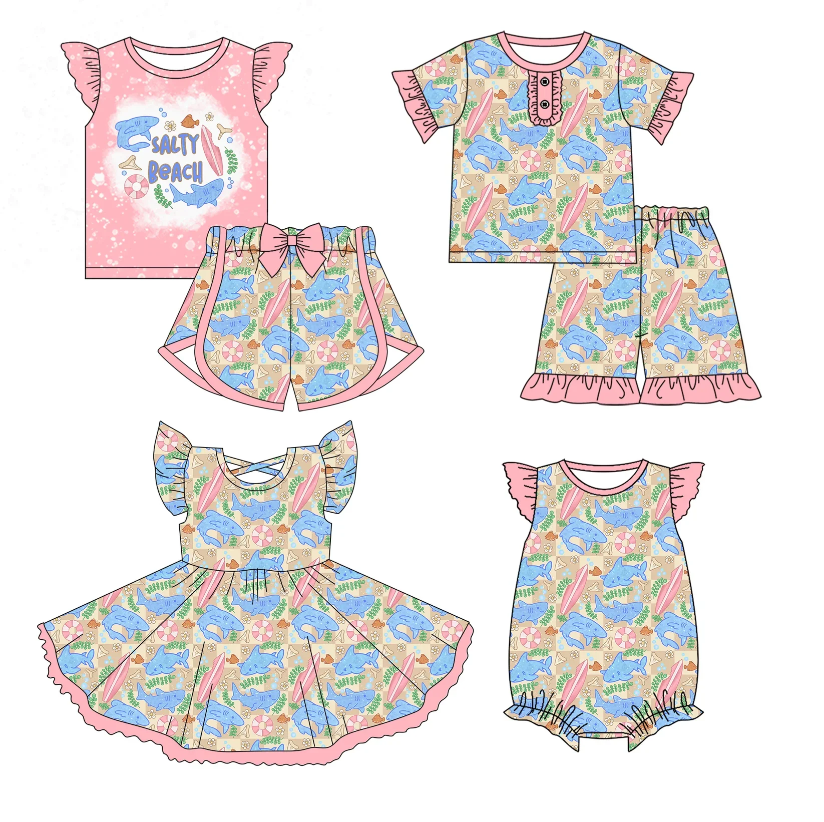 

Exquisite summer baby girl clothing pearl round neck suit pink top blue fish print matching short-sleeved pajama suit baby girl