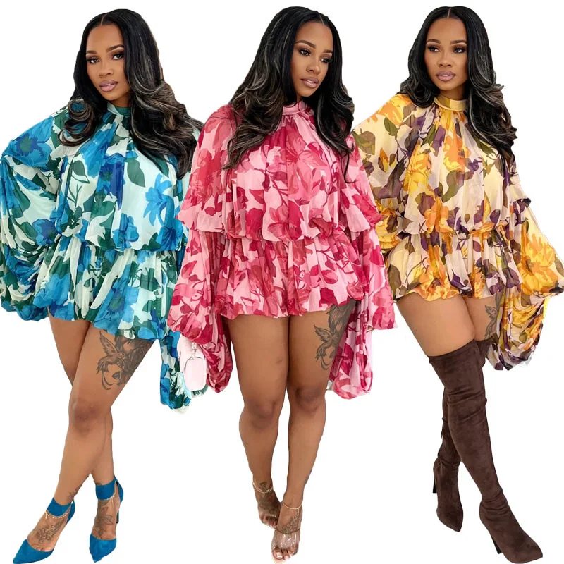 

European and American Style 2025 Autumn Printed Round Neck Waist-cinching Lantern Sleeve Jumpsuit