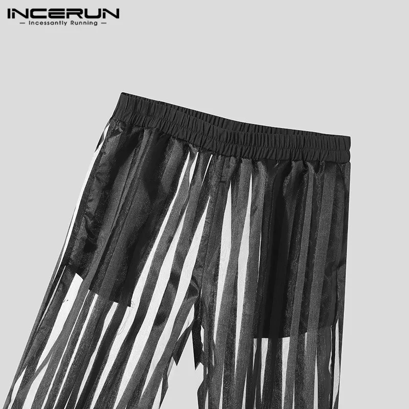 2024 Men Striped Pants Mesh Transparent Elastic Waist Sexy Trousers Men Streetwear Loose Fashion Casual Pantalon S-2XL INCERUN