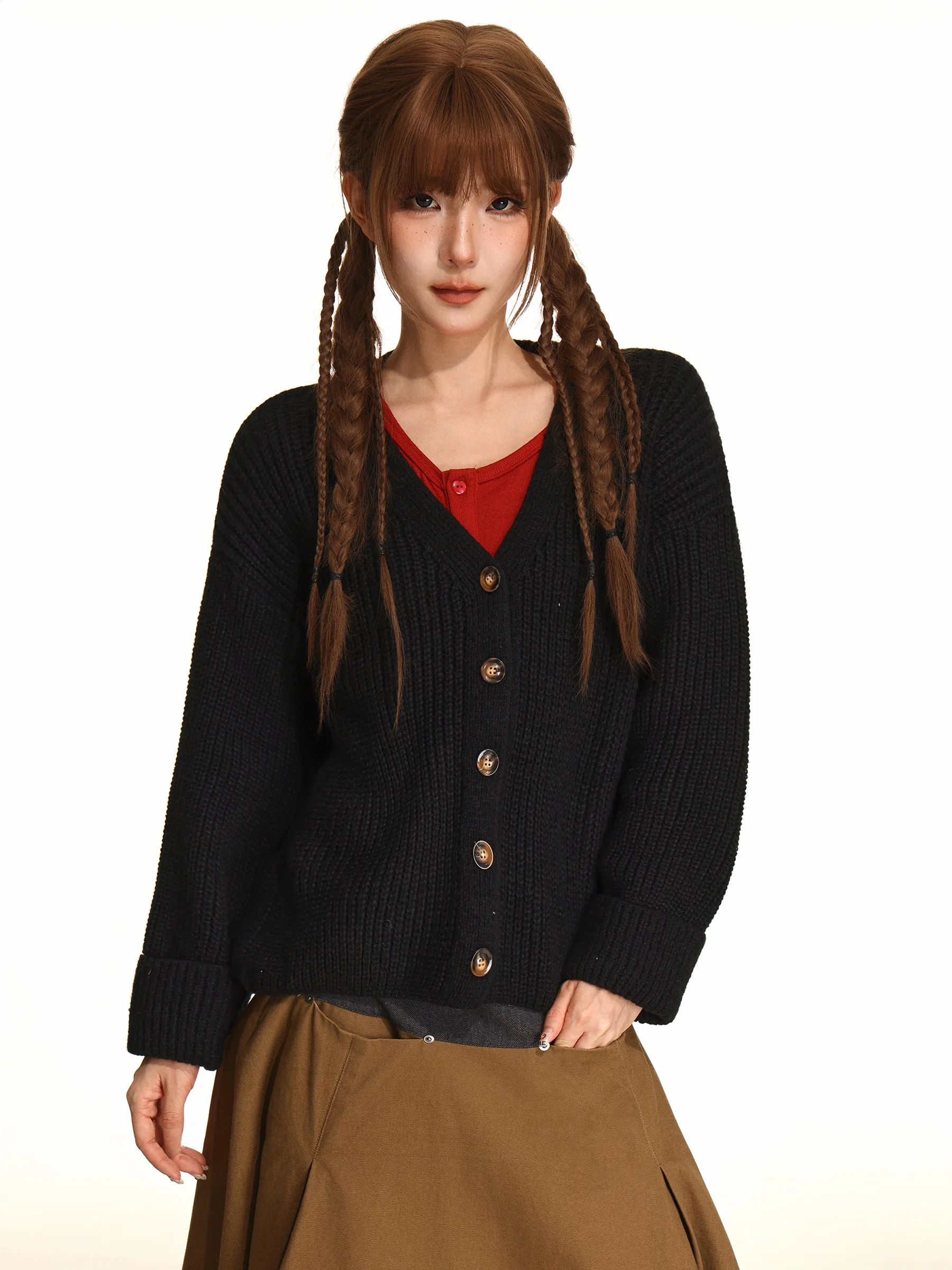 iyue Casual Knitted Pure Color Button Sweater Coat Women's Loose Lazy Feel oulder Slimming Open Cardigan Autumn Faion