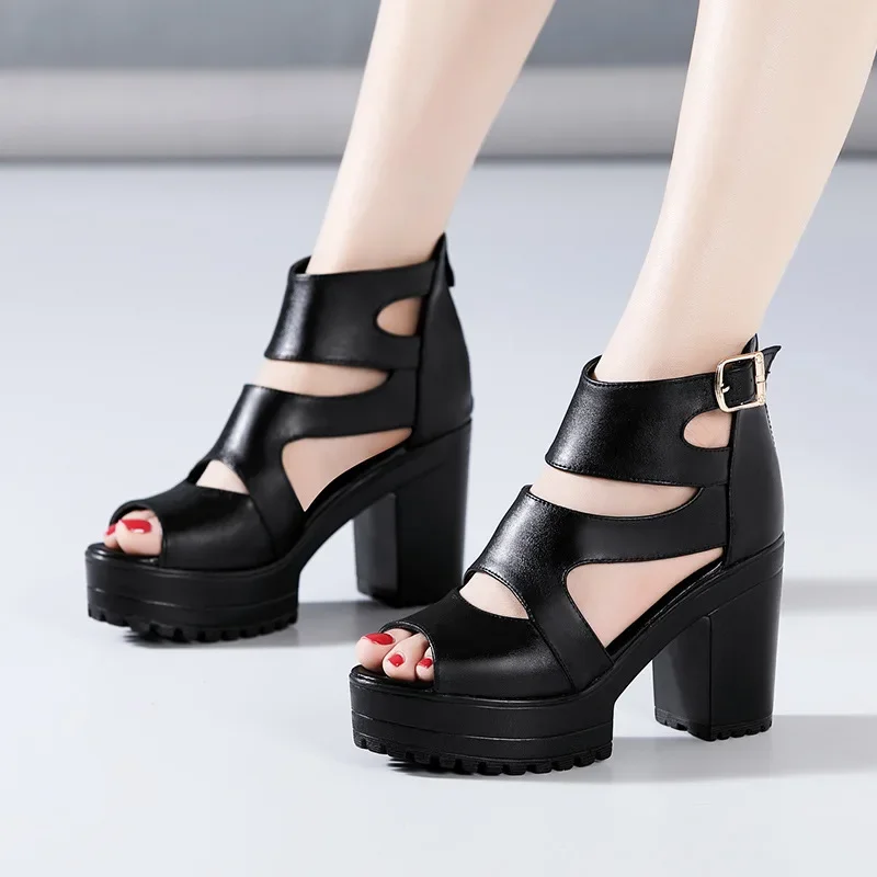 Small Size 32-43 Elegant Chunky Platform Shoes Women Summer 2024 Black Leather Block High Heels Gladiator Sandals Office Mother