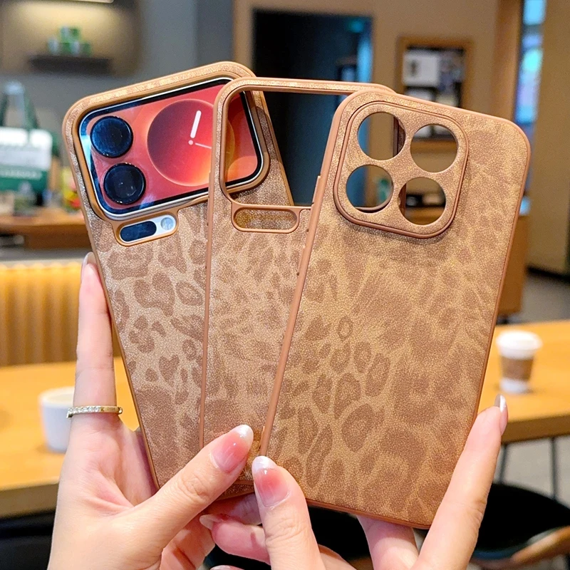 Para Xiaomi 15 Pro 17 Pro Max 17AiR Funda de teléfono de cuero con estampado de leopardo lente de orificio fino parachoques cubierta protectora completa marrón