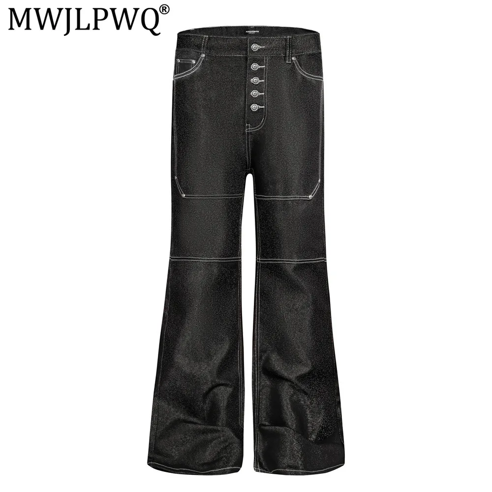 MWJLPWQ Deconstructed Patchwork Slightly Flared Jeans Men Hippie Style Trendy Vibe Design Button-Front Loose Fit Trousers 20957