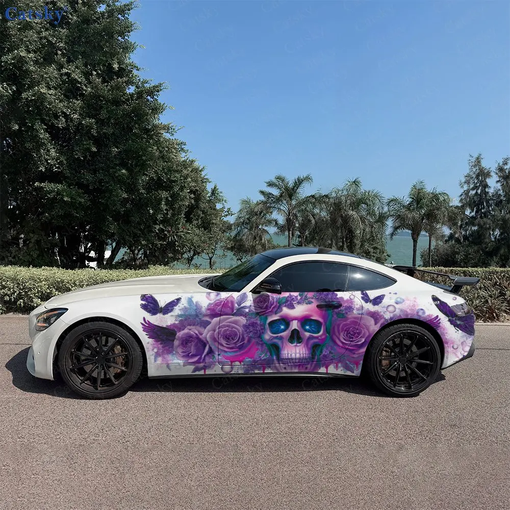 2pcs Splatter Floral Skull Butterfly Car Side Wrap, Self-Adhesive PVC Waterproof & Scratch-Resistant Sticker, Car Accessory Gift
