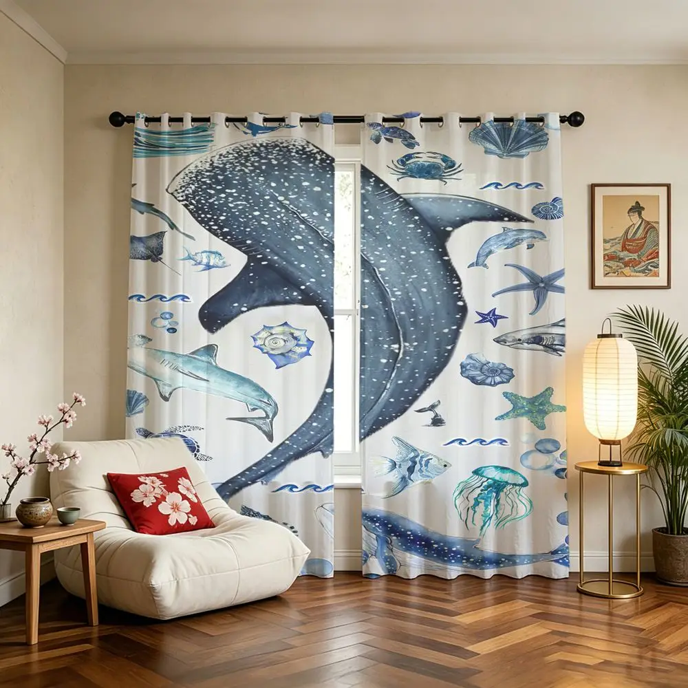 2 Panels Ocean Shark Printed Curtains Blue Sea Life Theme Window Drapes 85% Blackout Curtains for Bedroom Living Room Decor
