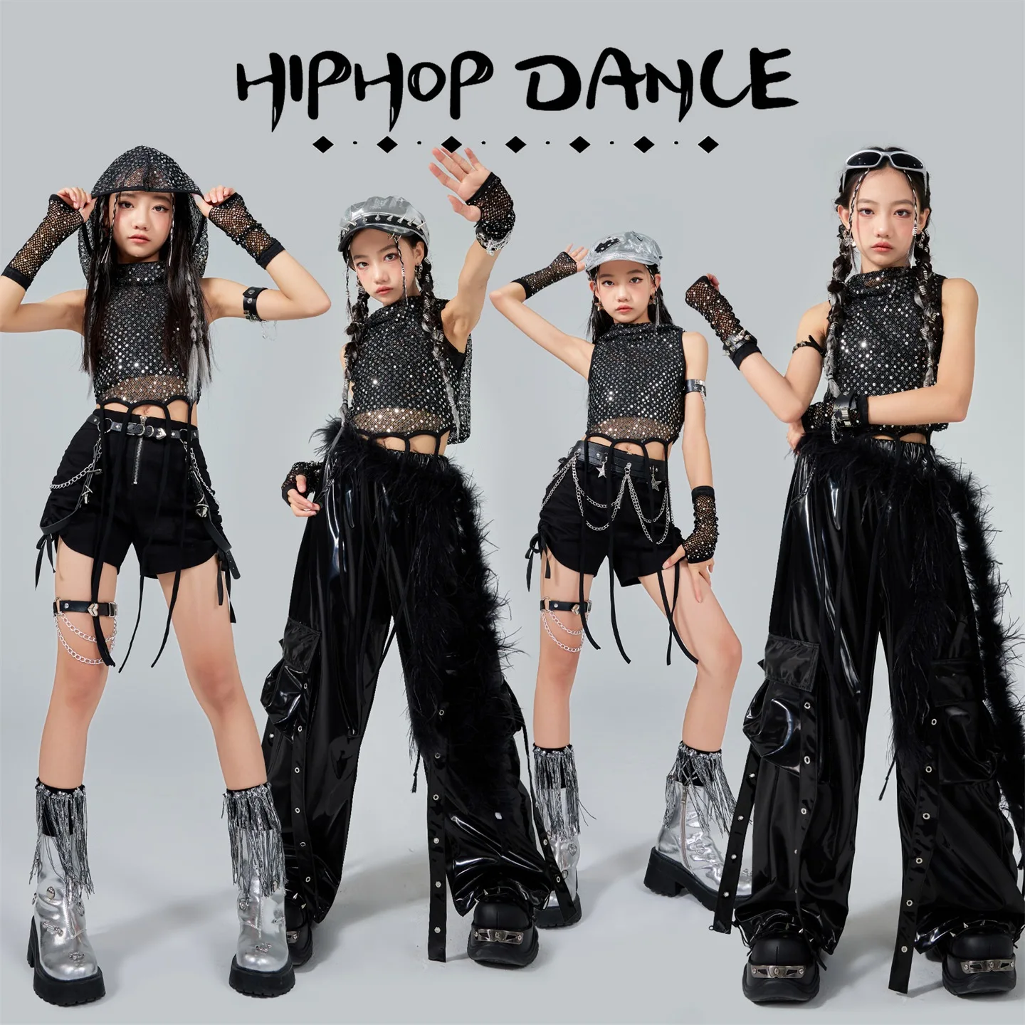Dziecięce stroje K-pop, cekinowa bluzka, spodnie dresowe dla dziewczynek, odzież do tańca jazzowego, fajny kostium do tańca hip-hop dla dzieci, odzież uliczna XS9983