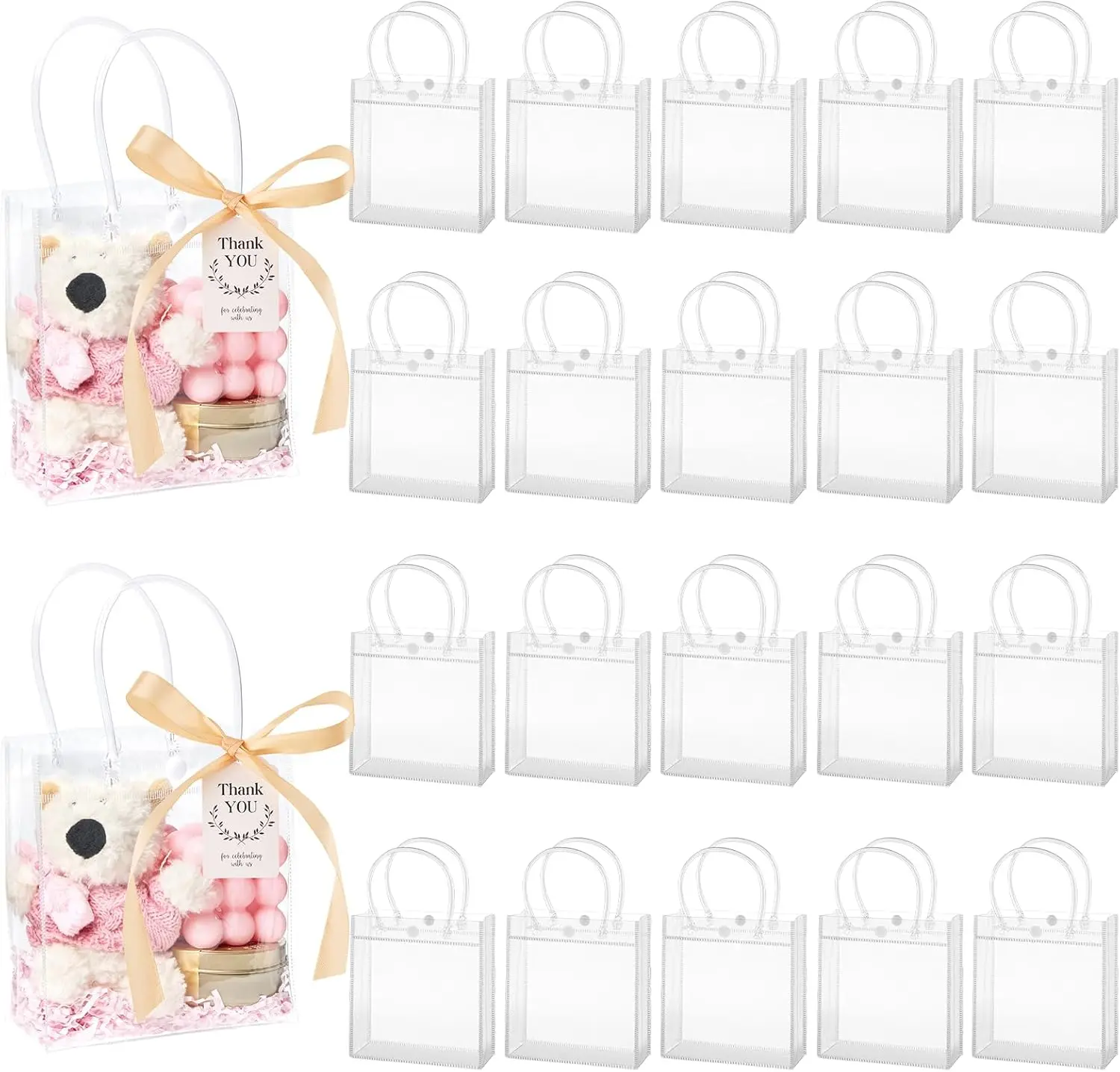 

Clear Gift Bags with Handles, 30 Pack Reusable PVC Party Favor Bags with Ribbons and Tags for Mother's Day Wedding Baby Shower