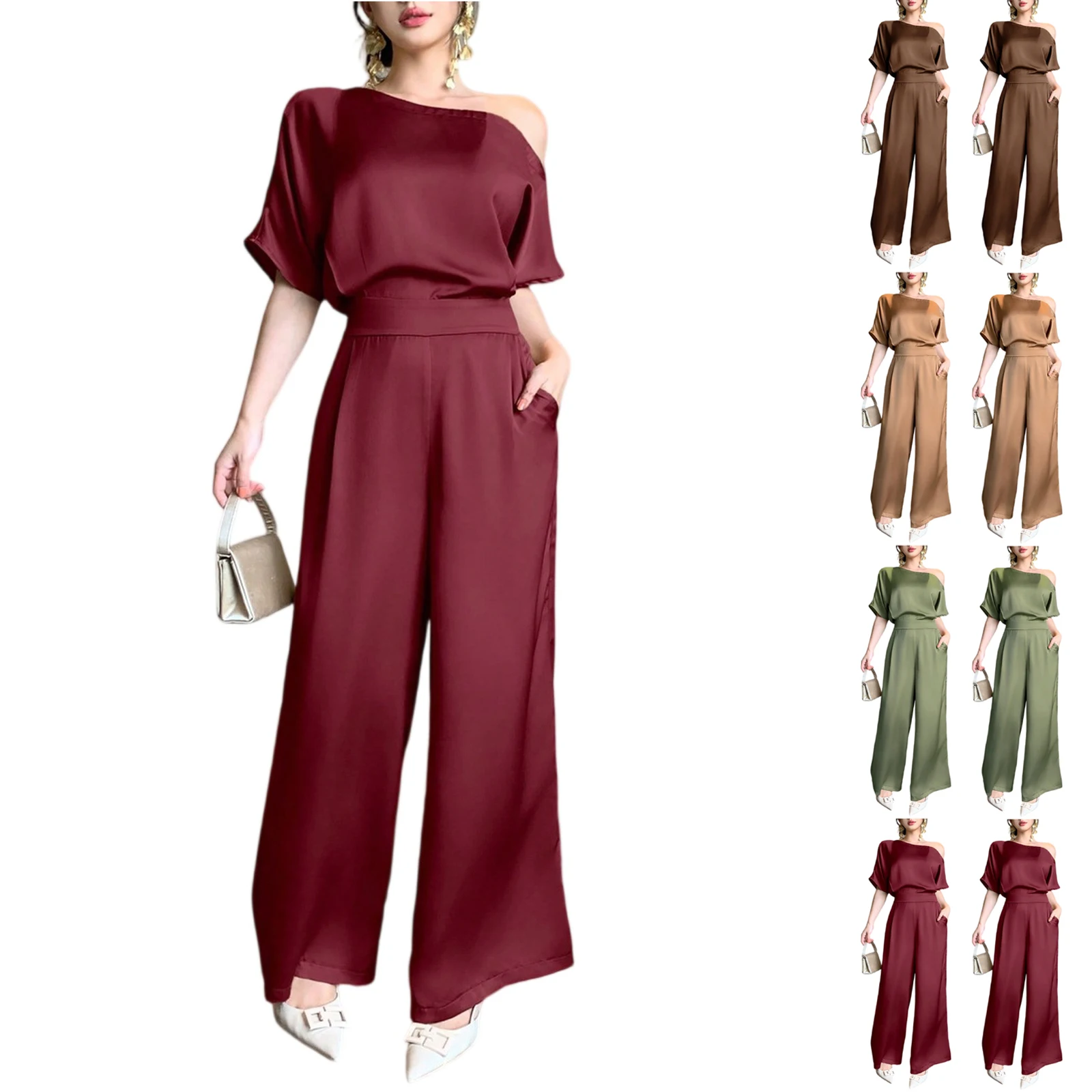 Solid Color Asymmetrical Jumpsuit Elegant Off Shoulder Jumpsuit Spring And Autumn Women'S Jumpsuit