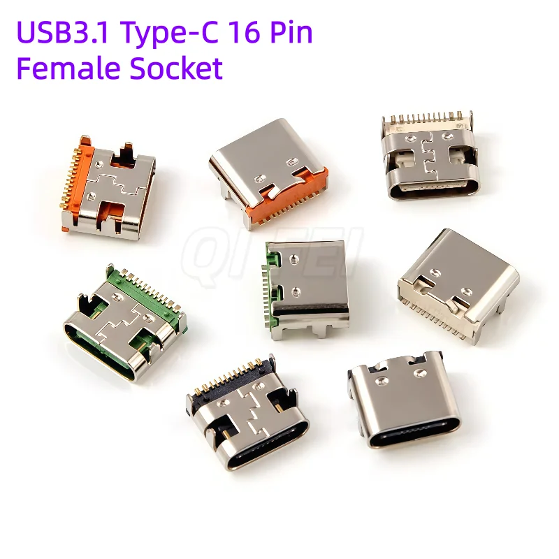 20pcs USB3.1 TYPE C 16 Pin Female Socket Connector DIP Horizontal Type 3A Charging Transmission Interface Plug Socket Type-C 16P