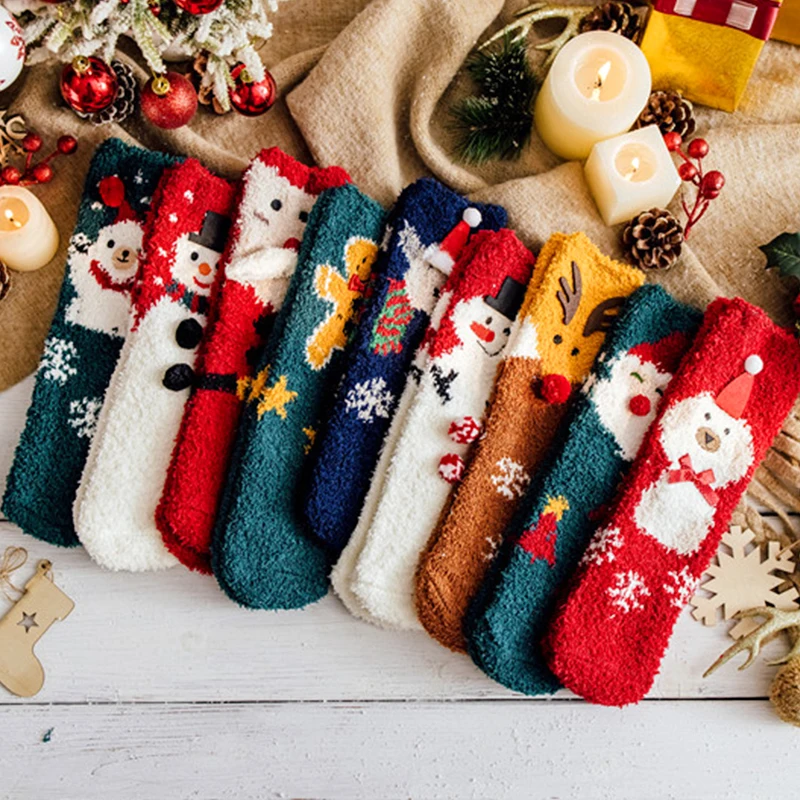 Cartoon Fluffy Christmas Socks Coral Velvet Santa Claus Snowmen Elk Thick Warm Floor Socks Happy New Year Xmas Noel Navidad Gift