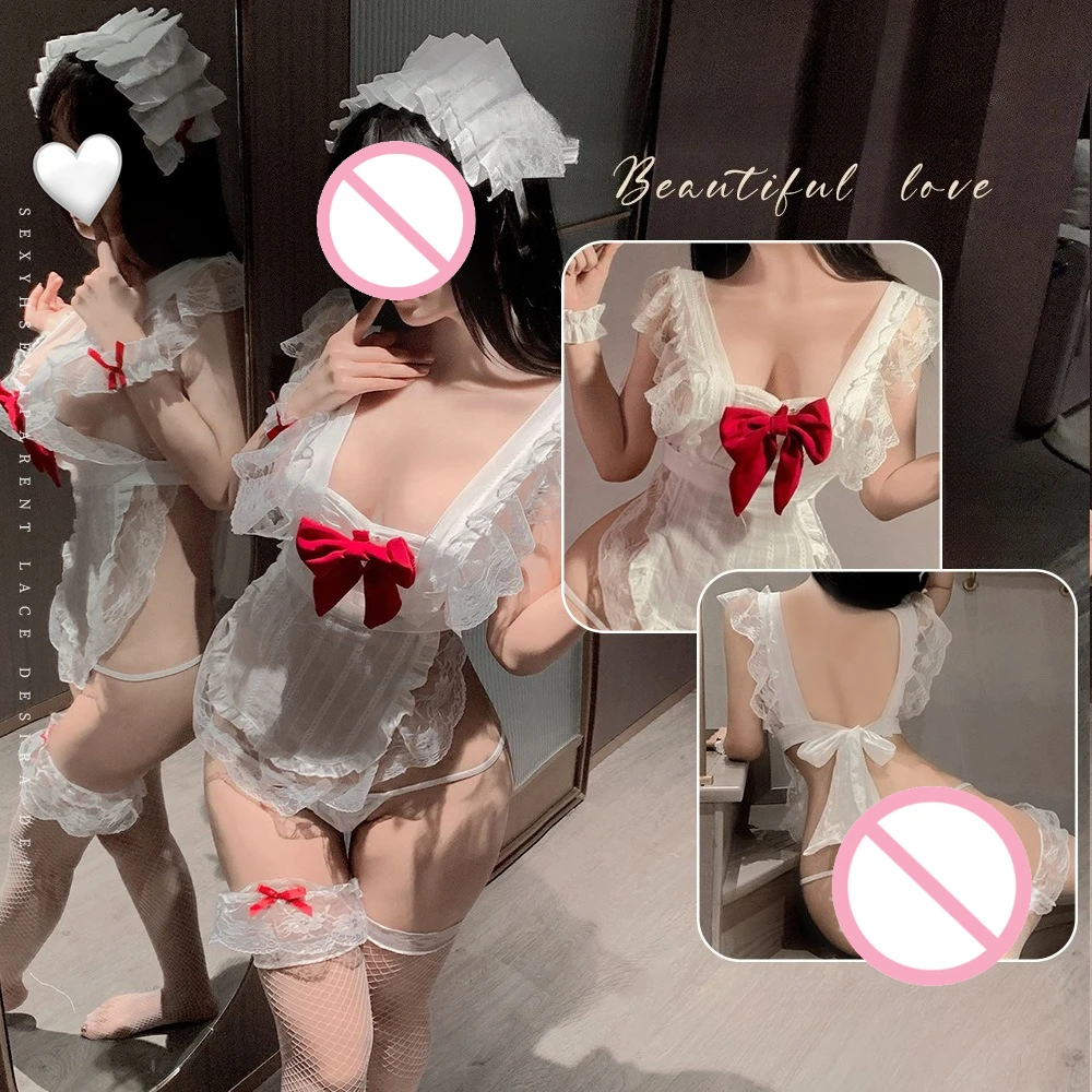 

Sexy Lingerie Set - Hollow Out Lace Babydoll Chemise with Apron, Maid Costume for Women