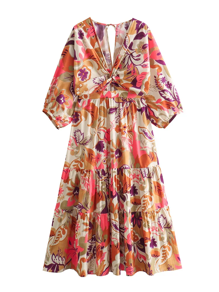 Frühling Sommer Kleider für Frauen 3/4 Ärmel V-Ausschnitt Knoten Vintage Print Midi Kleid 2024 neu in der Taille aus geschnitten Strand Urlaub Kleid