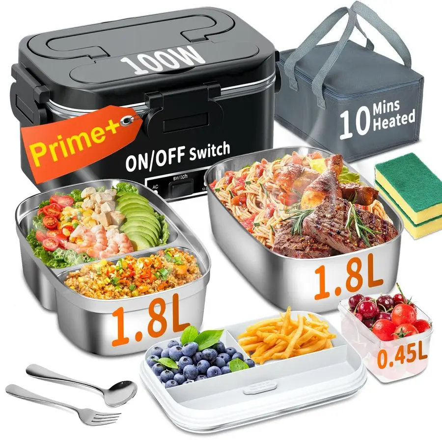 

Heated Lunch Box for Adults, 100W 3IN1 2 Pack 1.8L Containers Heating Lunch Box for Men Portable Double Layer, Fast Heated Food