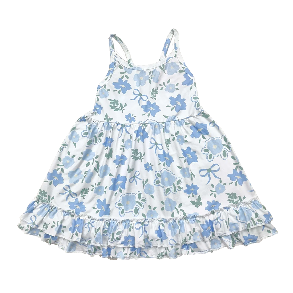 

GSD2377 Baby Girls Summer Dress Straps light blue floral bow ruffle kids girls summer dress