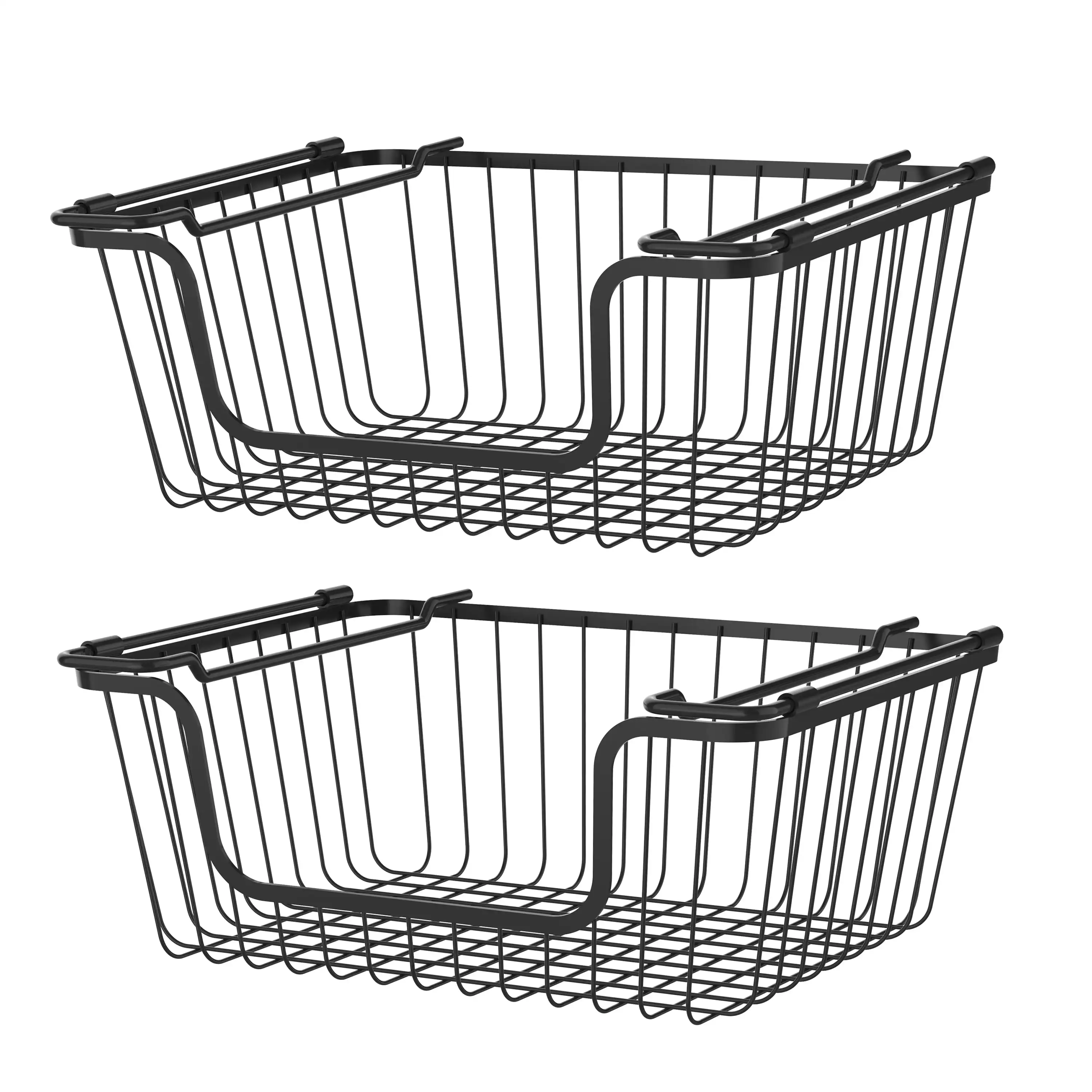 

Stackable Metal Wire Storage Basket Set for Pantry, Countertop, Kitchen or Bathroom – Black, Set of 2