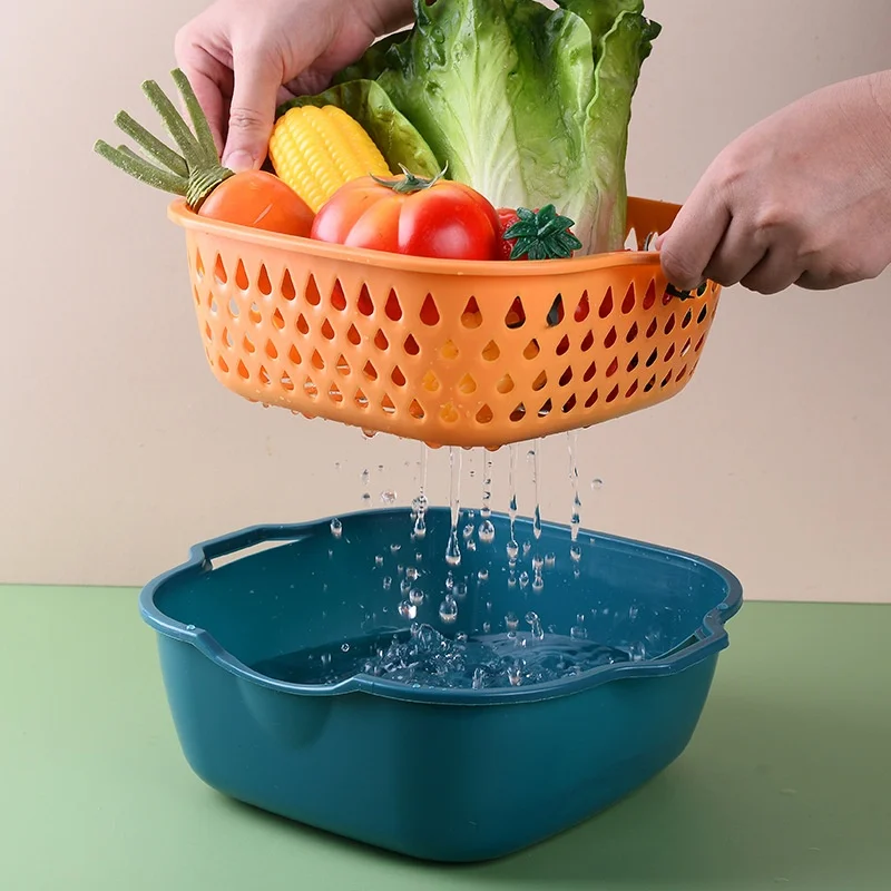 Escurridor de cocina de plástico de doble capa grueso, cesta multifuncional para lavado de verduras, escurridor de frutas, contenedor de almacenamiento