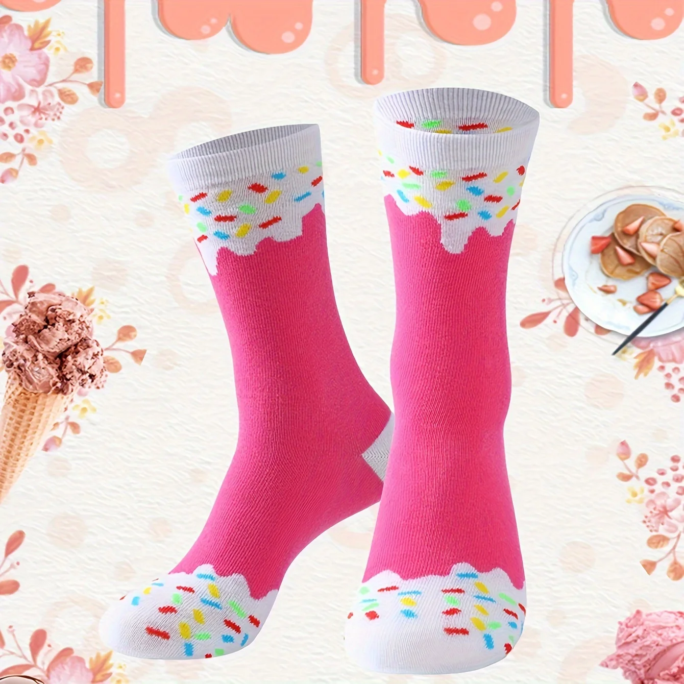 A pair of unique and colorful ice cream patterns for men and women, gift socks for friends on Halloween, all season collection