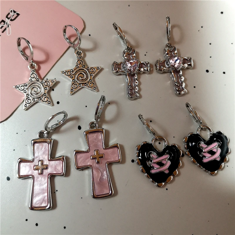 Goth Harajuku Vintage Aesthetic Pink Cross Crystal Star Heart Pendant Earring For Girl Y2K Grunge 2000s EMO Jewelry Accessories