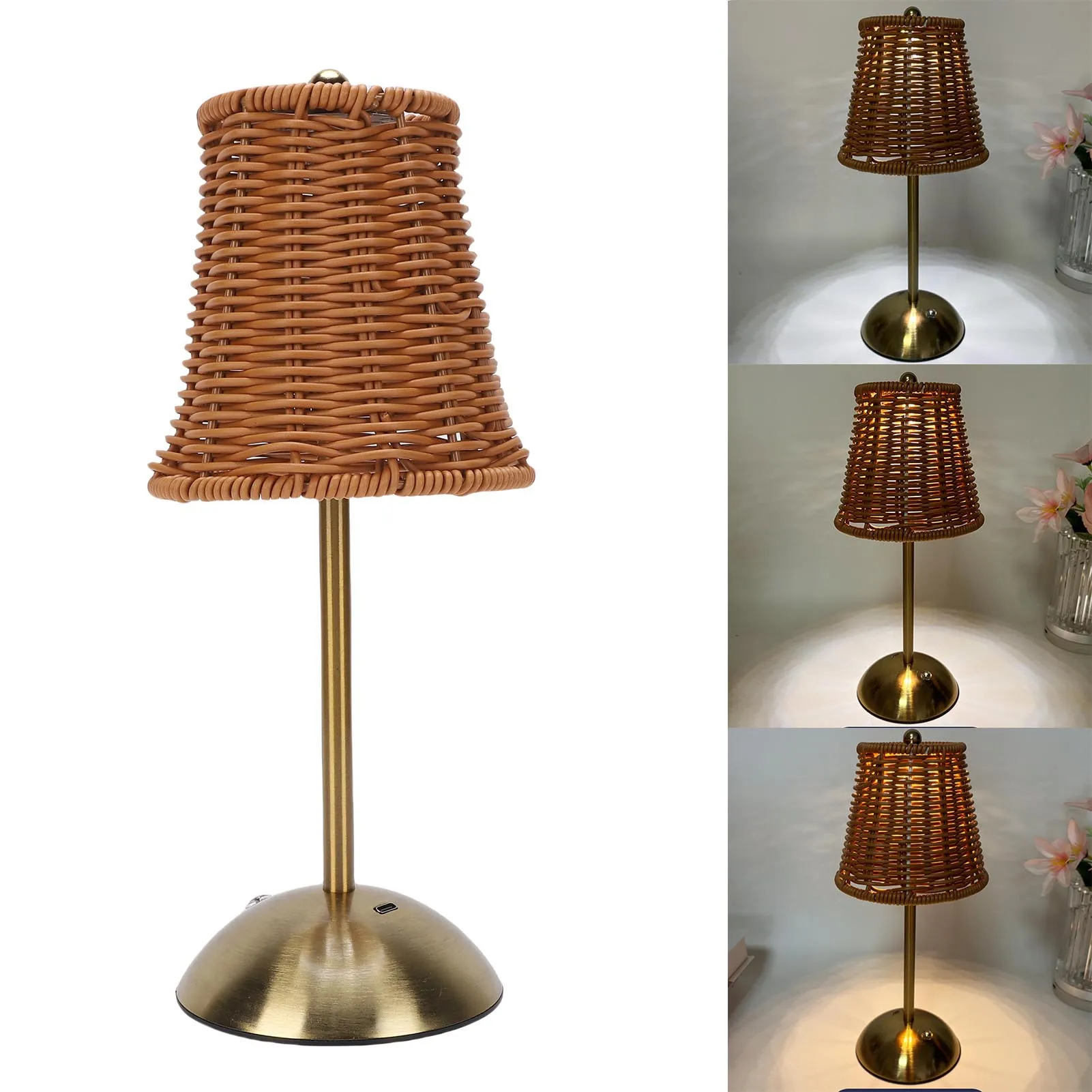 

Vintage Rattan Table Lamp LED Dimmable Bedroom Lights 3 Color Temperatures Rechargeable Cordless Bedside Lamp for Living Room