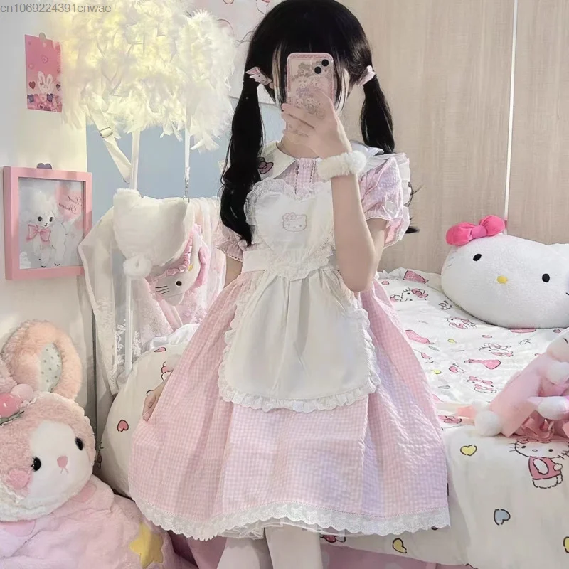 Sanrio Hello Kitty Lolita Cute Girl Doll Collar Panel Dress Apron Two Piece Set Harajuku Anime Kawaii Mini Short Dress Y 2k Set