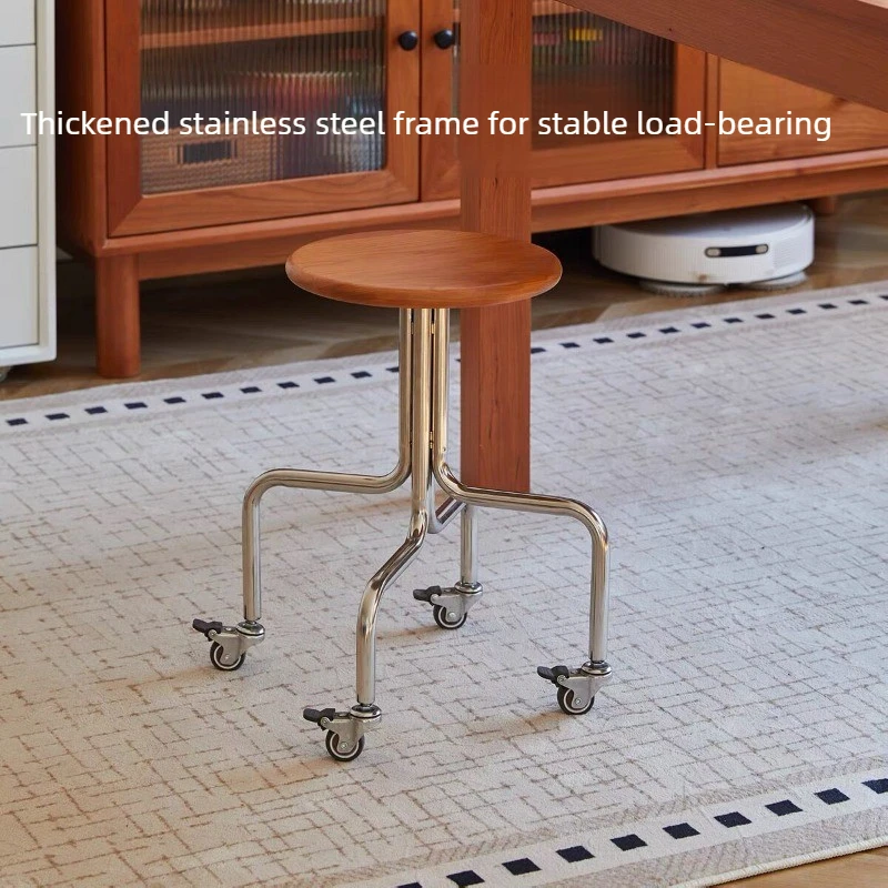 Stainless Steel Solid Wood Rolling Stool Mobile Short Dining Seat Round Bar Stool with Lockable Casters Pub Club Counter Chair