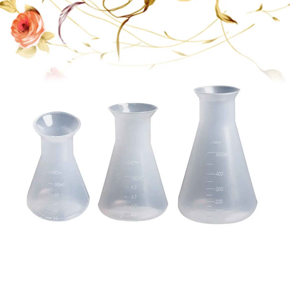 3Pcs Plastic Conical Flask Set Eco-Friendly Food-Grade Odorless Lab Beaker with Double-Sided Scale 50Ml 100Ml 500Ml