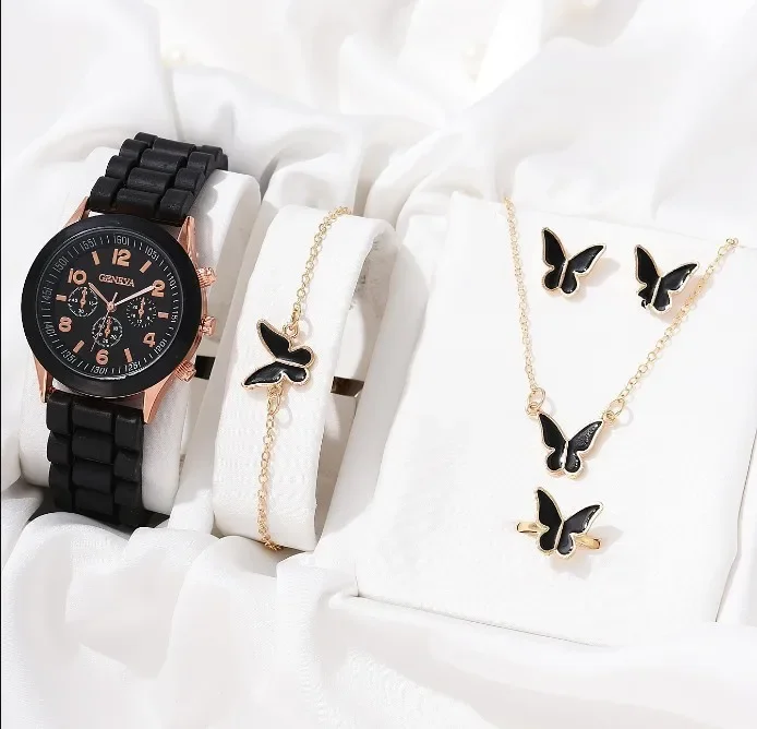 

CHUANGCHENG Student Girl Butterfly Five Piece Set, Niche Minimalist Watch Bracelet Necklace Earring Rings