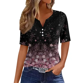 여성용 오버사이즈 반팔 티셔츠, 여성용 루즈 의류, 3D 레트로 인쇄, 여성 상의, V넥 상의, 풀오버, 여름