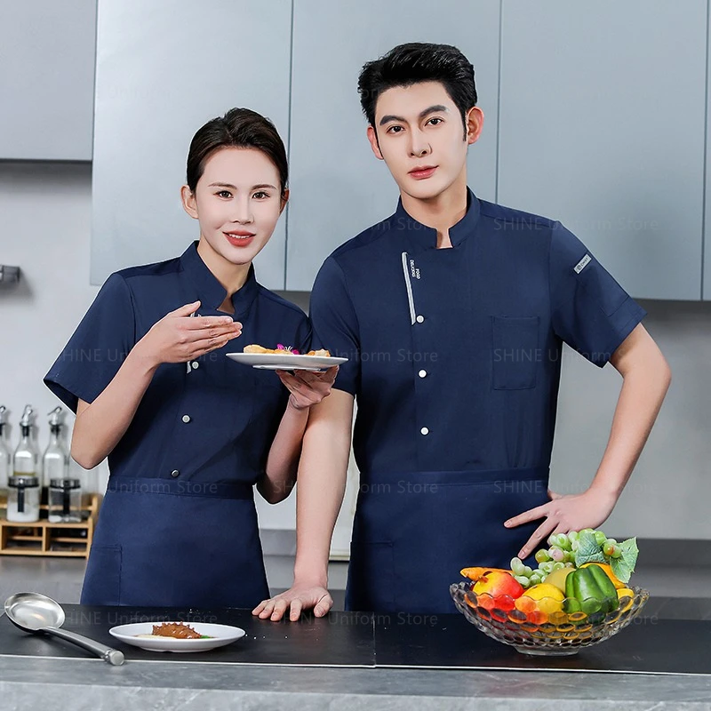 Restaurant Short Sleeve Chef Shorts Jacket Kitchen Breathable Chef Coat Summer Men Black Chef Uniform Apron Work Clothes Logo