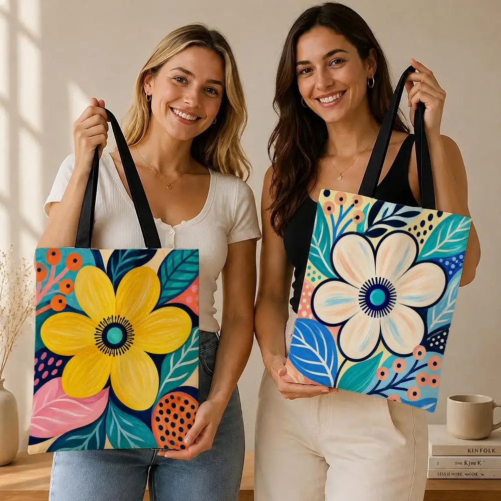 Colorful Botanical Floral Pattern Vibrant Flower Storage Bags shopping bag Canvas  bag work school reusable