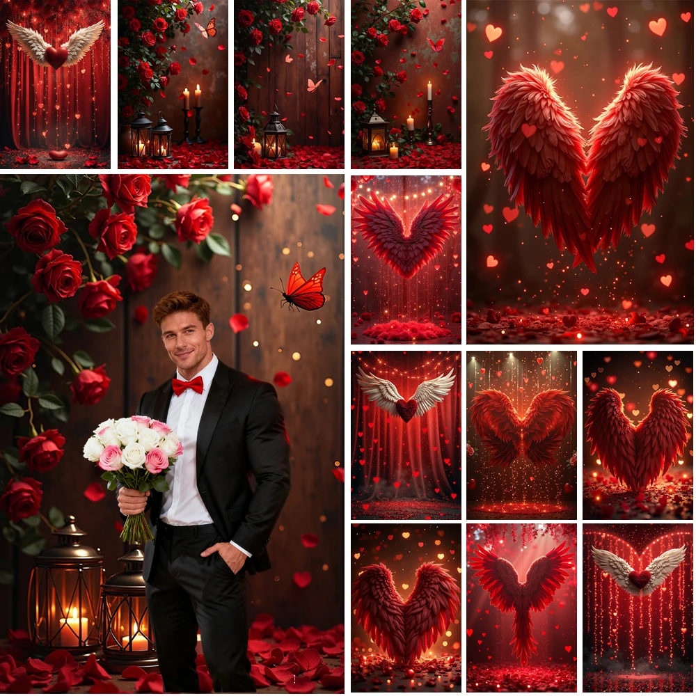 

MOON.QG 14-Feb Valentines Day Photography Background Angel Wings Red Rose Bokeh Backdrop Accessories Couple Studio Photozone