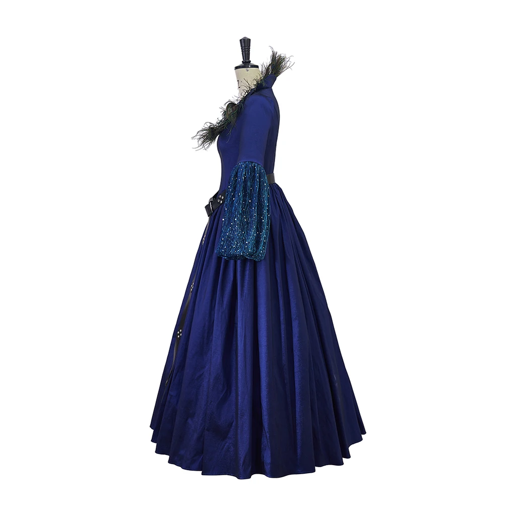ภาพยนตร์ Malvina Monroe คอสเพลย์เครื่องแต่งกายผู้หญิงสีฟ้านกยูง Feather COLLAR ชุด Halloween Carnival PARTY Evil Queen Robe