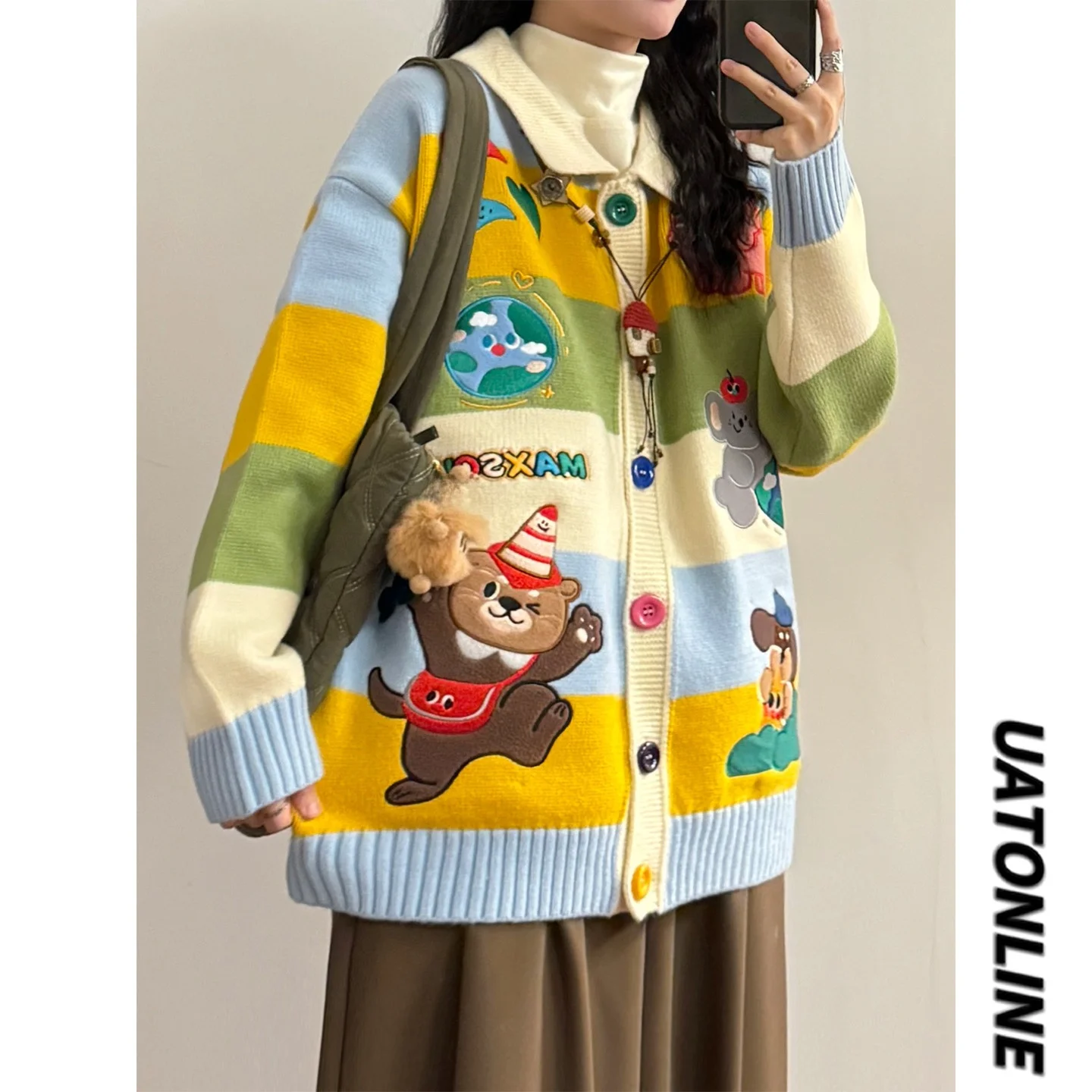

UATONLINE Autumn Winter Cute Cartoon Embroidery Buttons Color Blo Design Knitted Open Cardigan Sweater Jaet