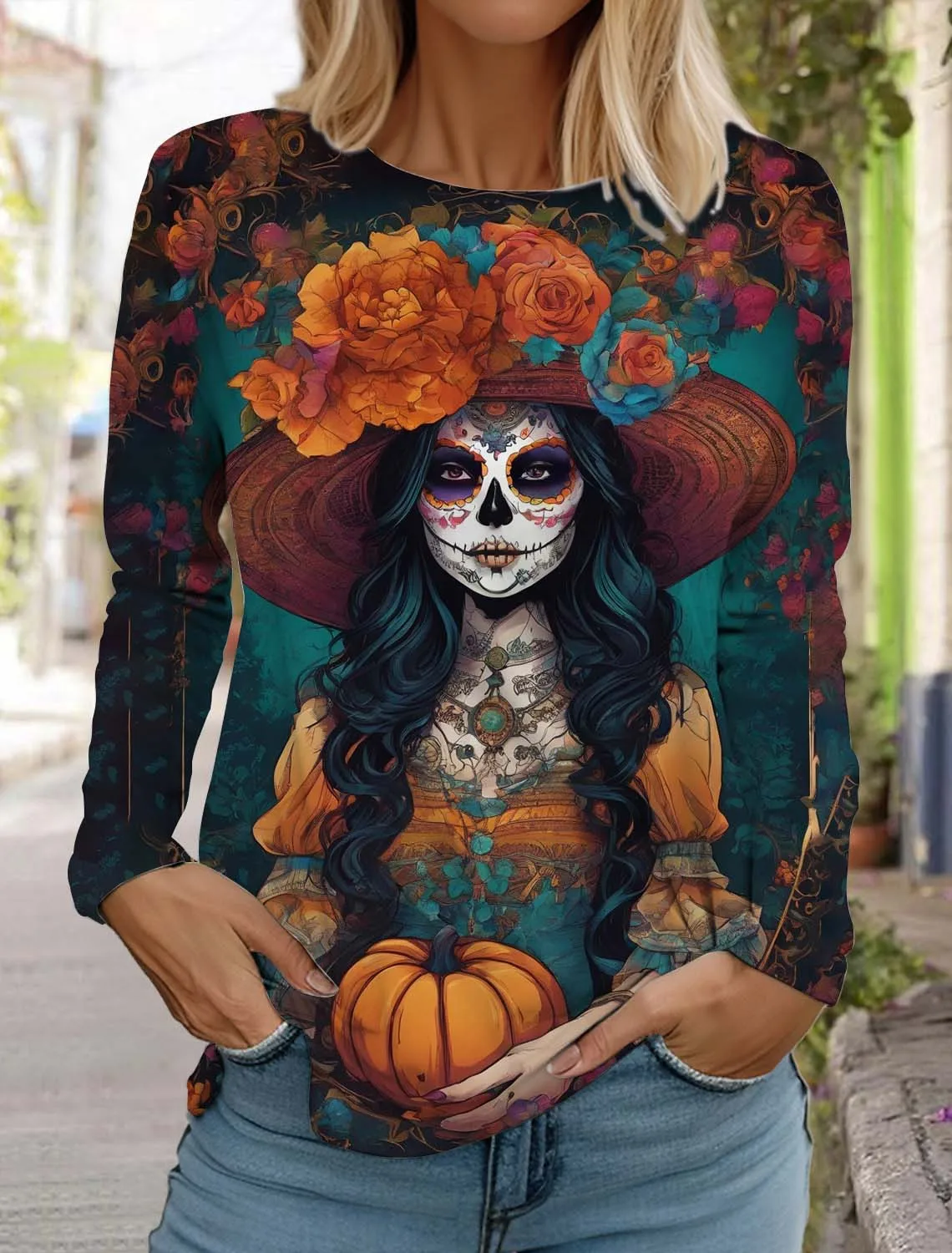 Sugar Skull Pattern Womens Long Sleeve Shirt Day of the Dead Shirts Summer 3D Printed Tops y2k Gothic style Women's Clothing
