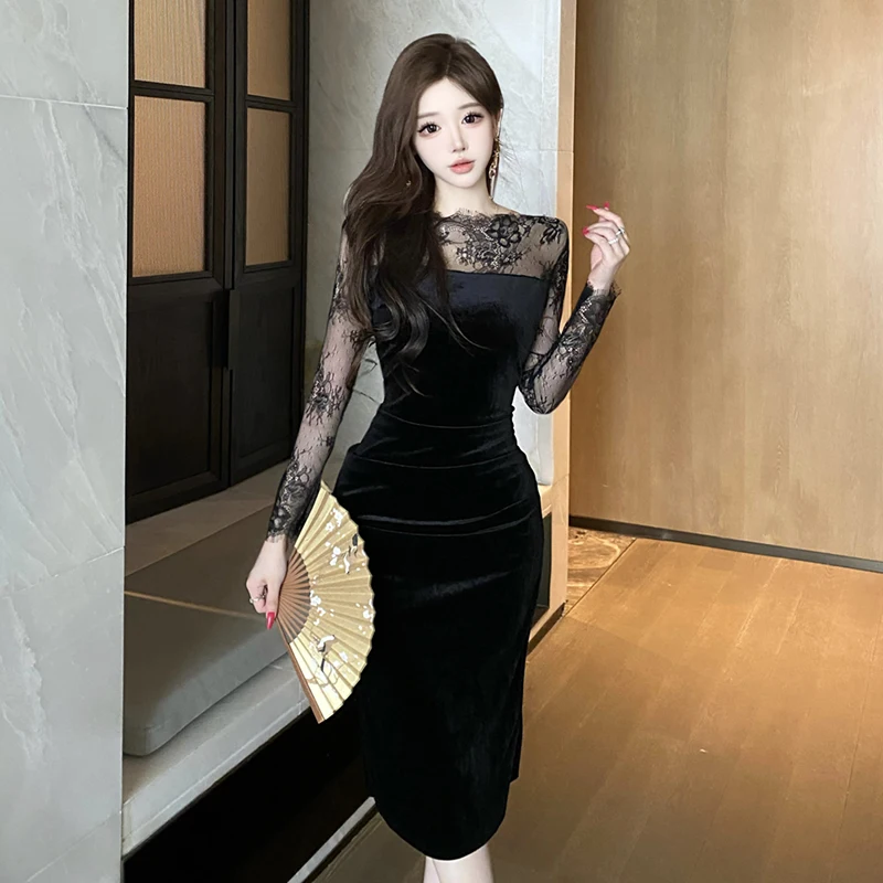 Ele Sexy un solo hombro encaje empalme adelgazante ceñido al cuerpo Dr Otoño Invierno nuevo Sle largo Sve cintura alta vestido de noche de terciopelo