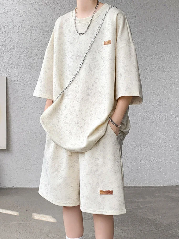 

American Sle Dyed ort Sve T-irt Set for Teenage Boys Cool Summer Faion Casual Loose Fit round Ne Breathable