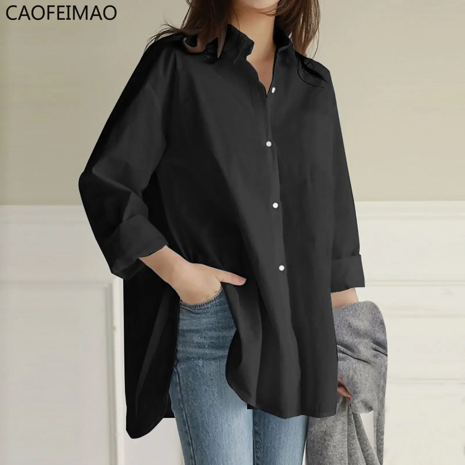Casual Loose Long Shirt Women Solid Colour Oversize V-Neck Long Sleeve Button Top Shirt Blouse ropa mujer блузка женская 2025