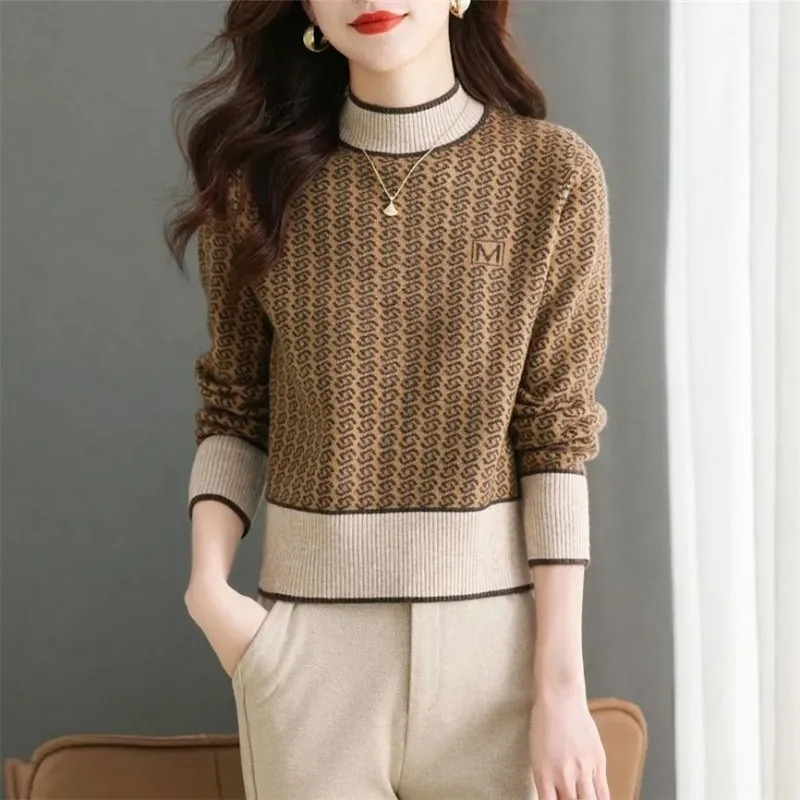 Autumn and Winter Women\'s Contrast Color Half High Collar Long Sleeve Short Sweaters Jumpers Vintage Fashion Casual Tops