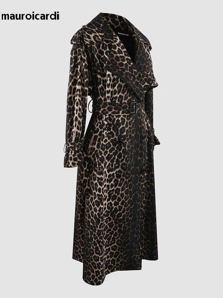 Mauroicardi Spring Extra Long Oversized Flowy Thin Soft Colorful Leopard Print Trench Coat for Women Luxury Designer Clothes