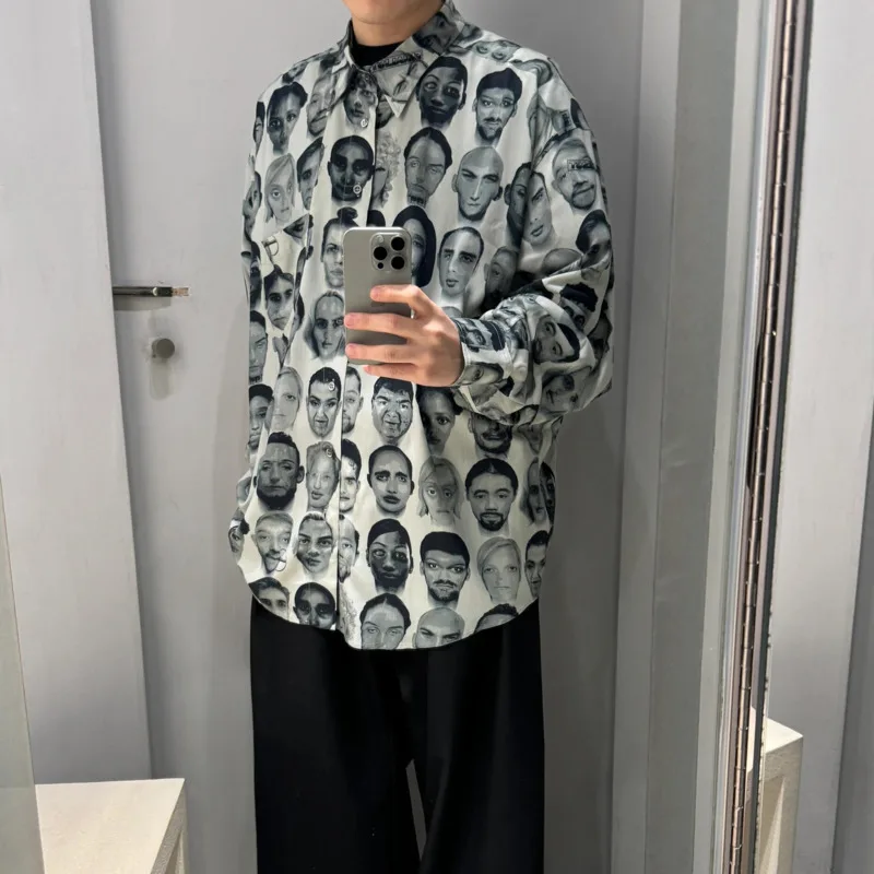 HKSH Spring Autumn New Men Tide Vintage Niche Portrait Print Long Sleeve Shirt Draped Loose Chic Casual Fit Oversized Top HK6440