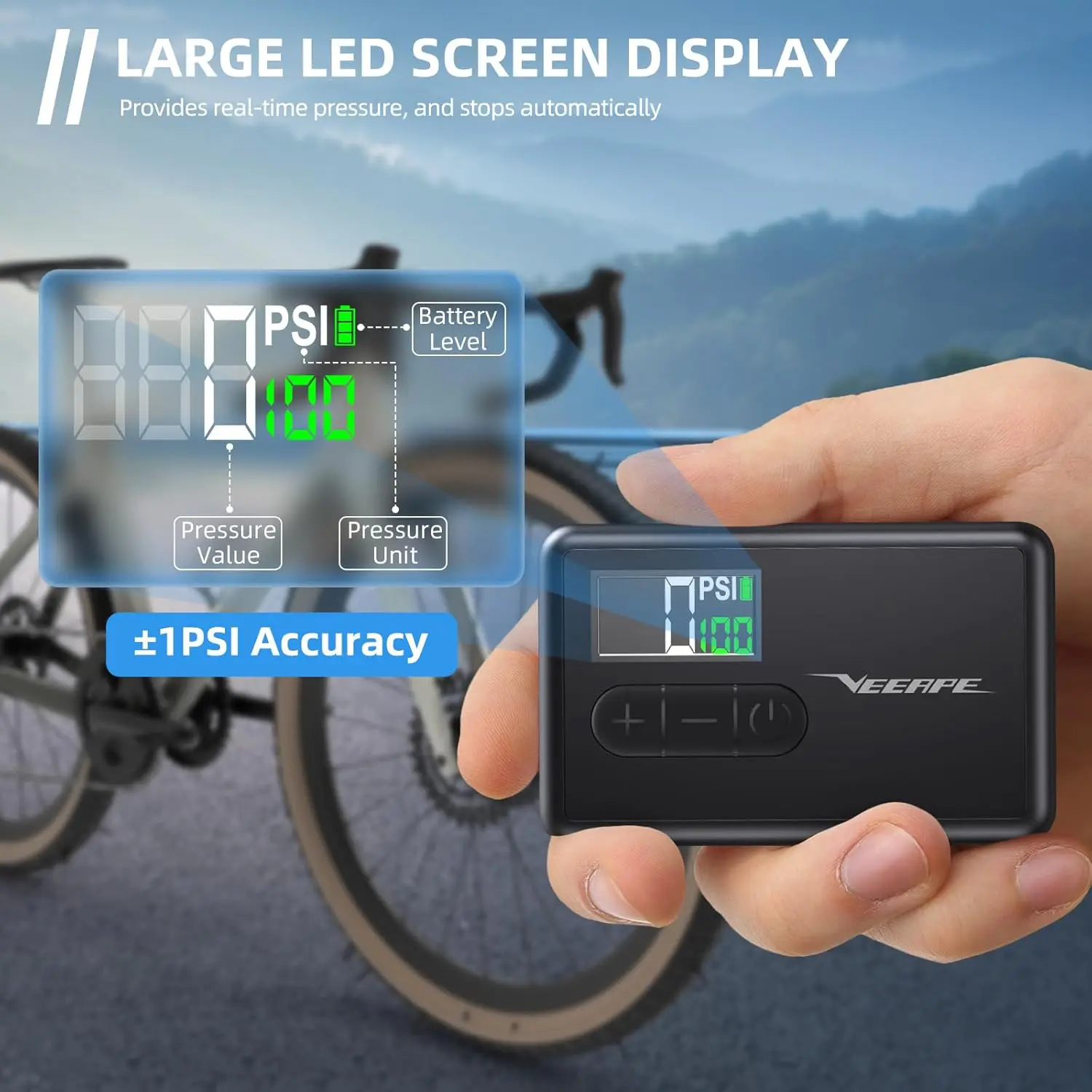 Мини-насос для велосипедных шин Tiny Pump - электрический накачиватель 120PSI с автоматической остановкой для электронных велосипедов и велосипедов